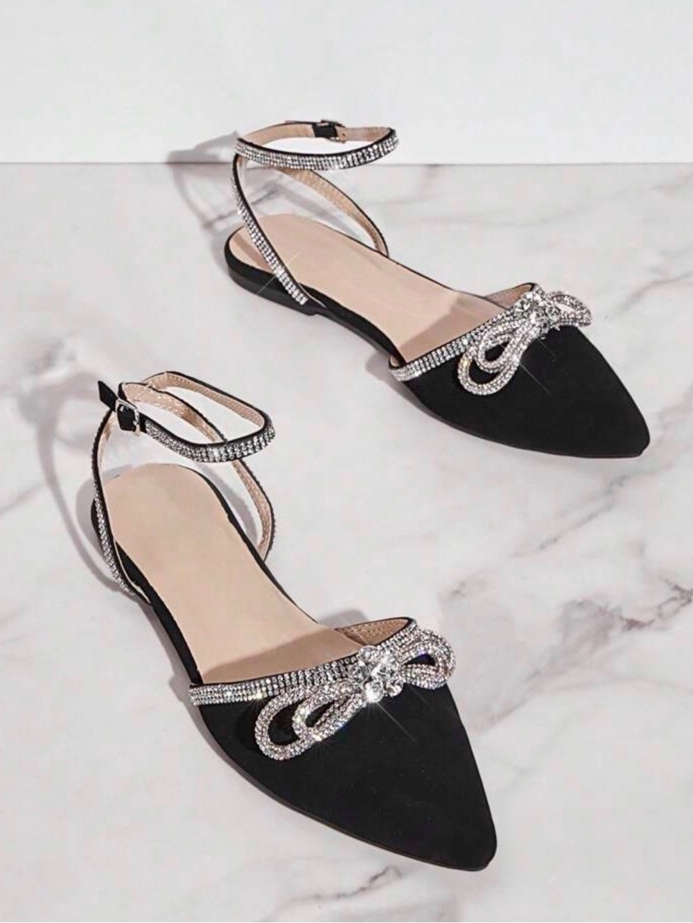 SHEIN Black Pointed Toe Ankle Strap Flats with Rhinestone Bow